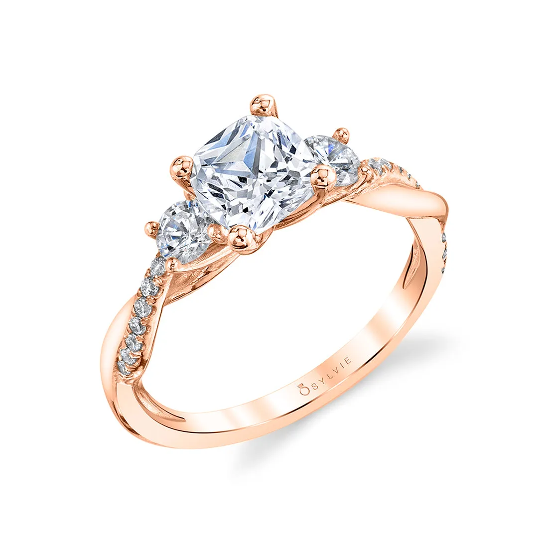 Cushion Cut Three Stone Twist Engagement Ring - Evangeline 14k Gold Rose