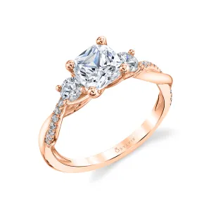 Cushion Cut Three Stone Twist Engagement Ring - Evangeline 18k Gold Rose