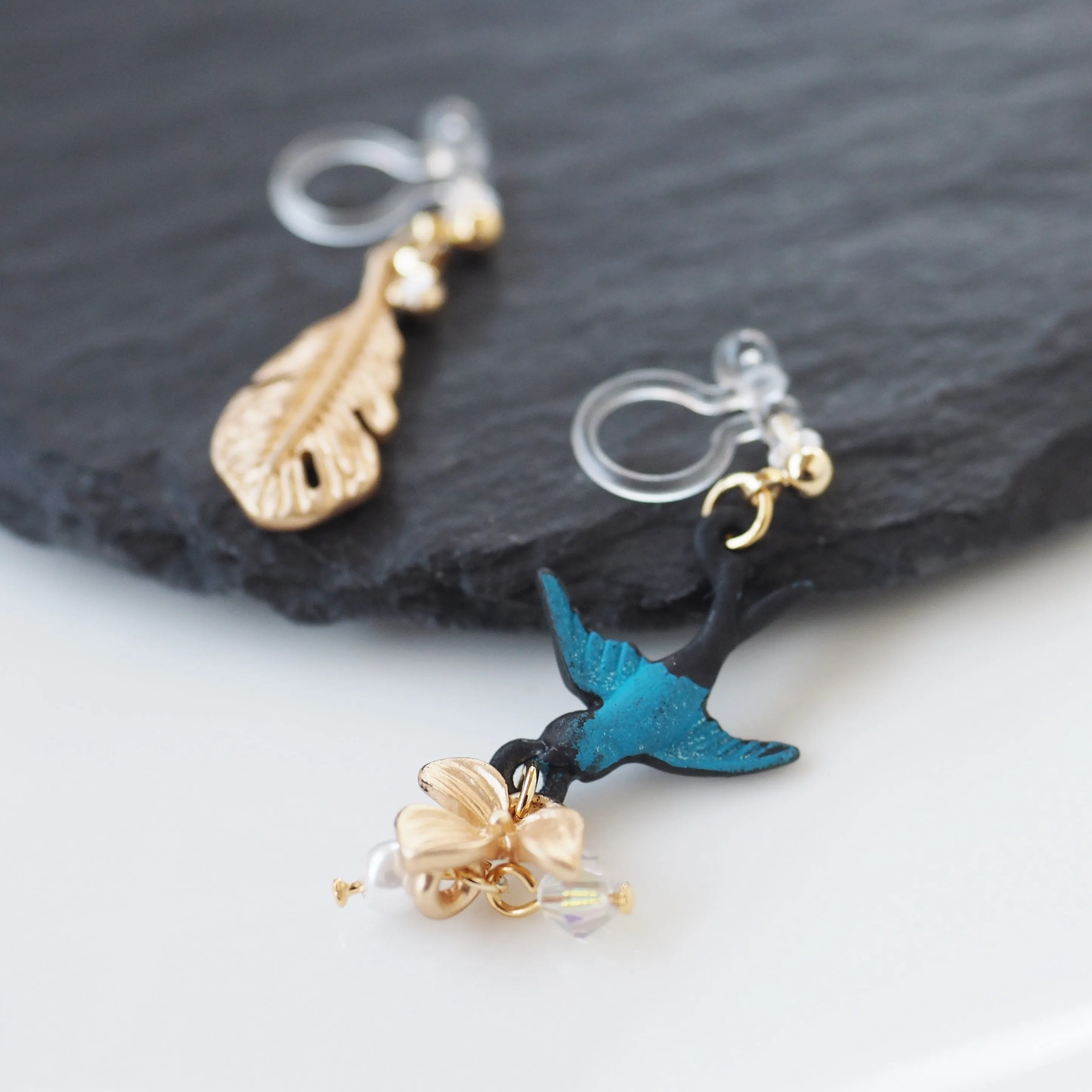 Dangle Bluebird & Leaf Invisible Clip On Earrings