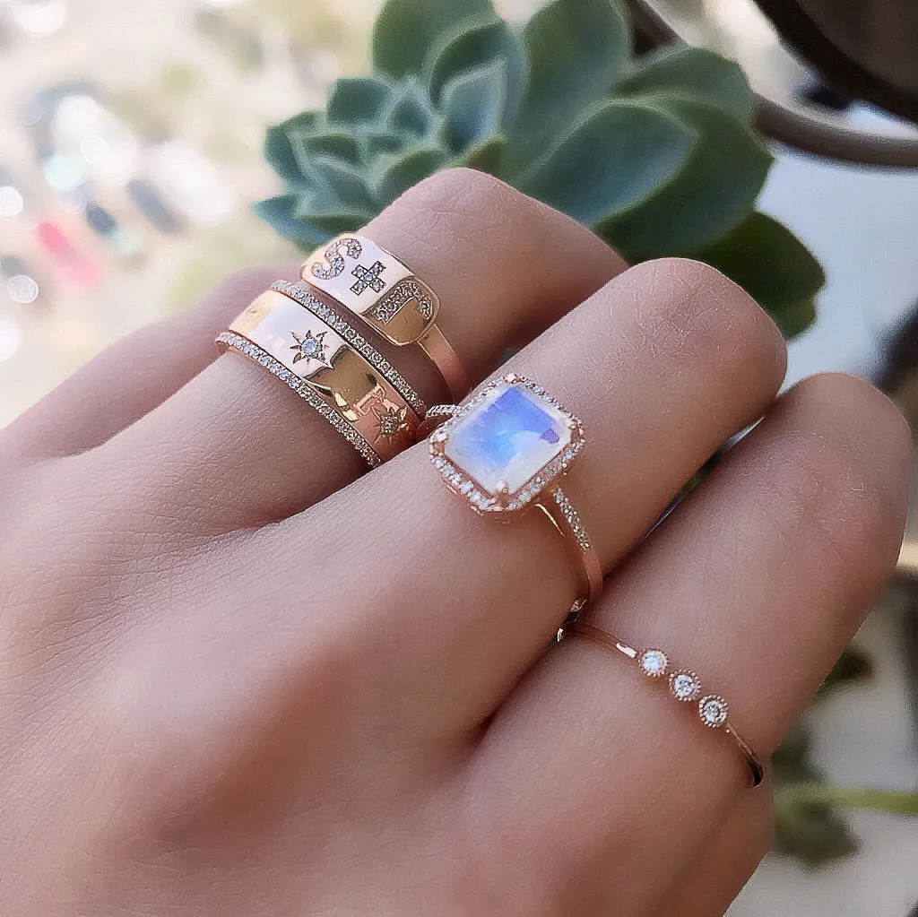 Emerald Cut Rainbow Moonstone and Diamond Ring