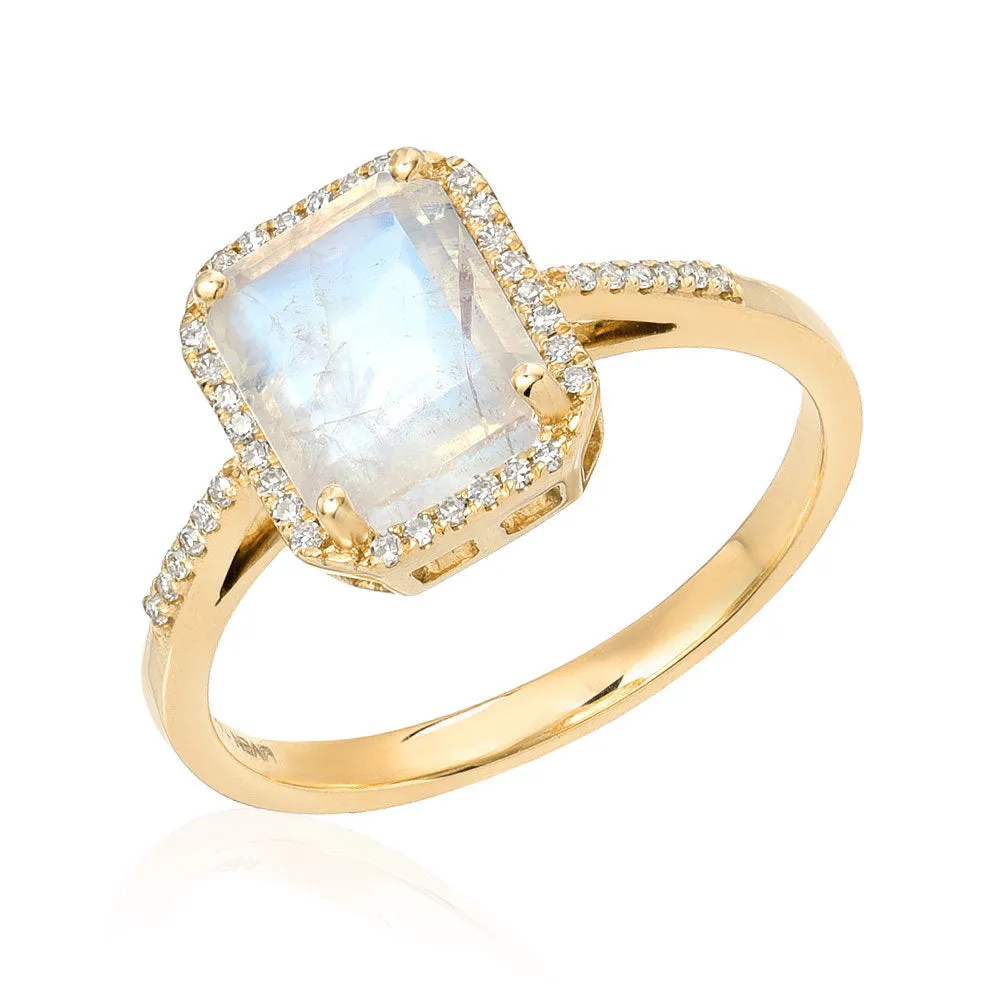 Emerald Cut Rainbow Moonstone and Diamond Ring