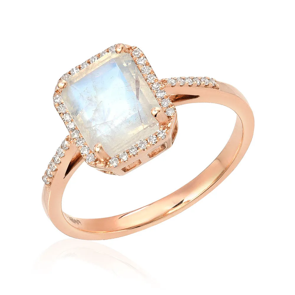 Emerald Cut Rainbow Moonstone and Diamond Ring