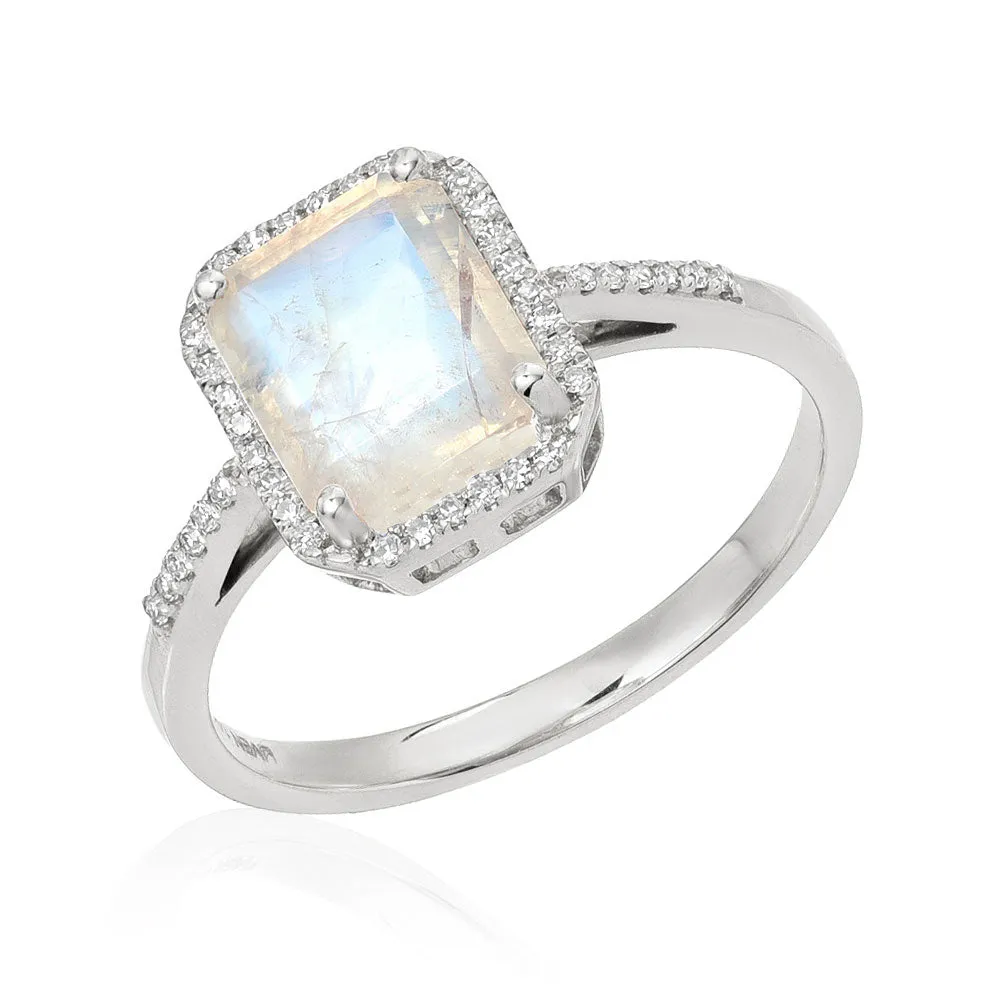 Emerald Cut Rainbow Moonstone and Diamond Ring