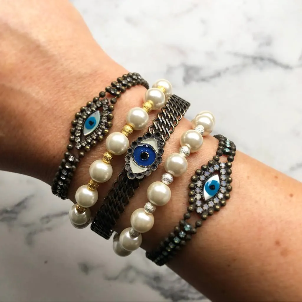 Enamel Evil Eye Charm Mesh Cuff Bracelet