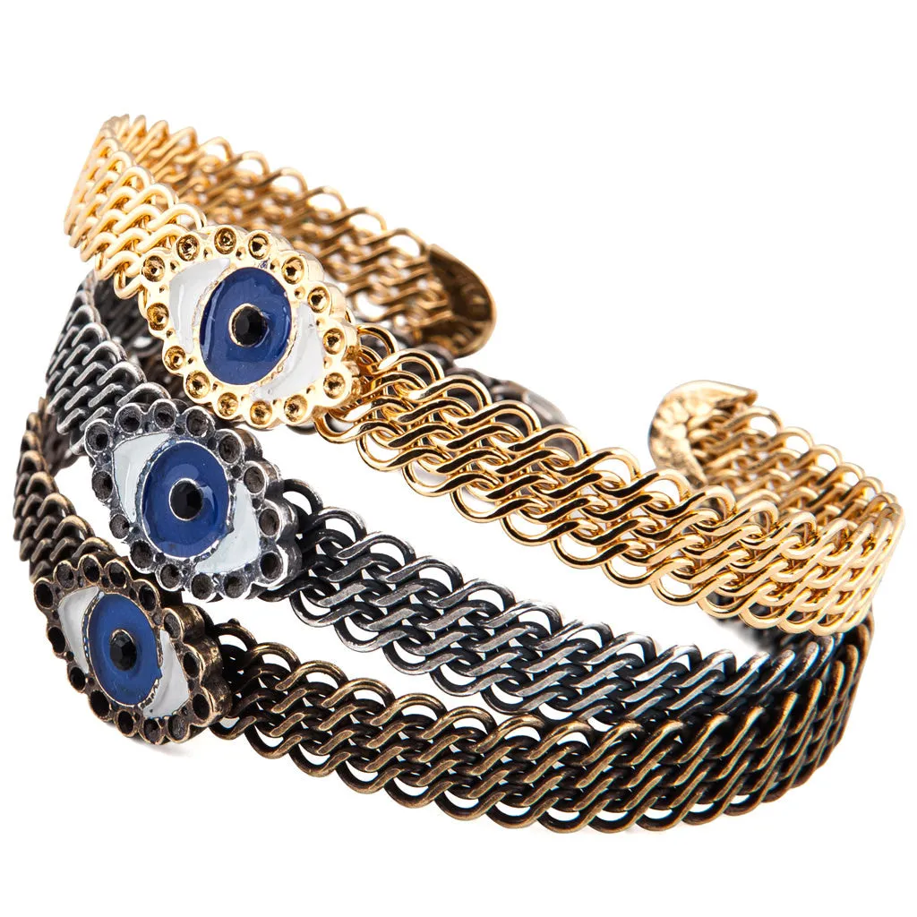 Enamel Evil Eye Charm Mesh Cuff Bracelet