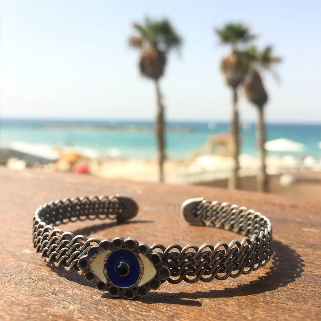 Enamel Evil Eye Charm Mesh Cuff Bracelet