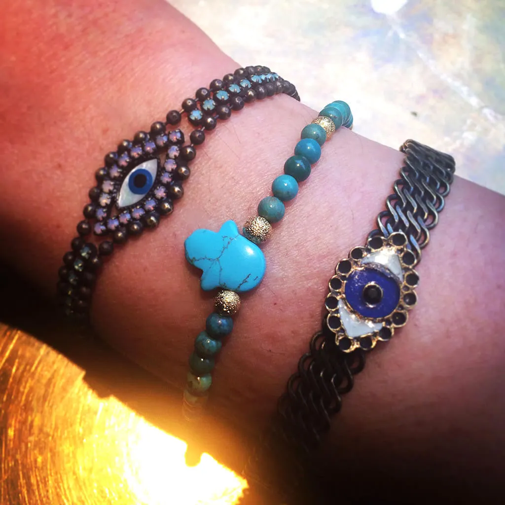 Enamel Evil Eye Charm Mesh Cuff Bracelet