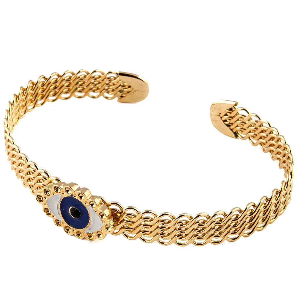 Enamel Evil Eye Charm Mesh Cuff Bracelet