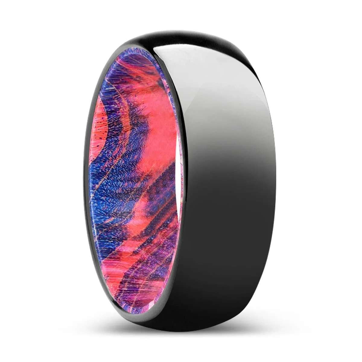 ENCLAVE | Blue & Red Wood, Black Tungsten Ring, Shiny, Domed