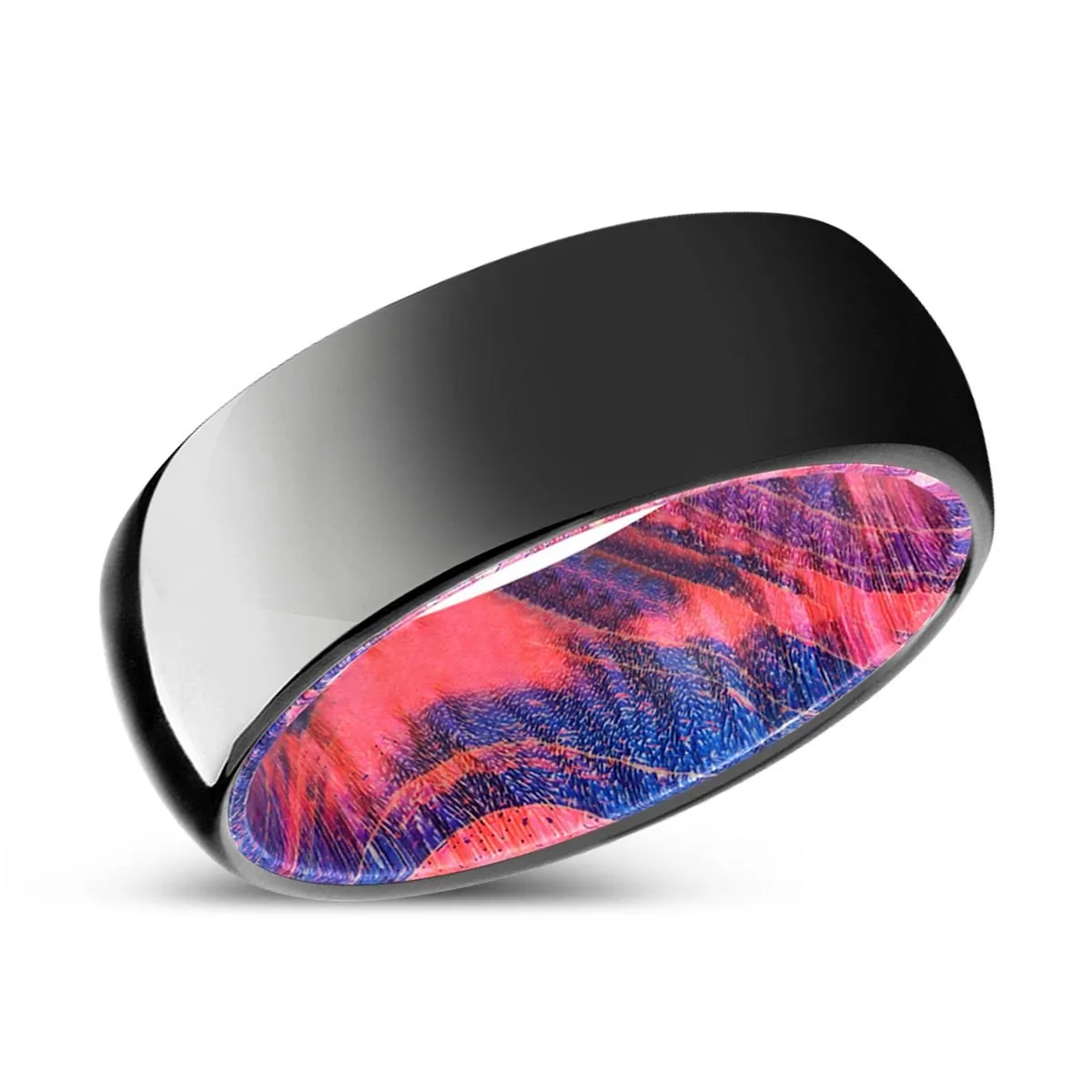 ENCLAVE | Blue & Red Wood, Black Tungsten Ring, Shiny, Domed