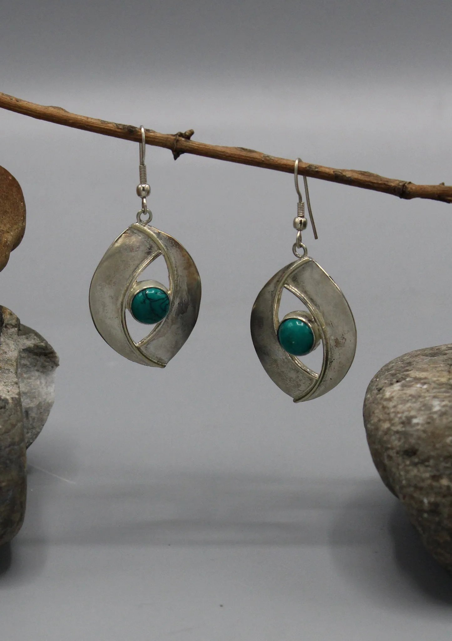 Evil Eyes Protection Turquoise Inlaid Silver Plated Earrings