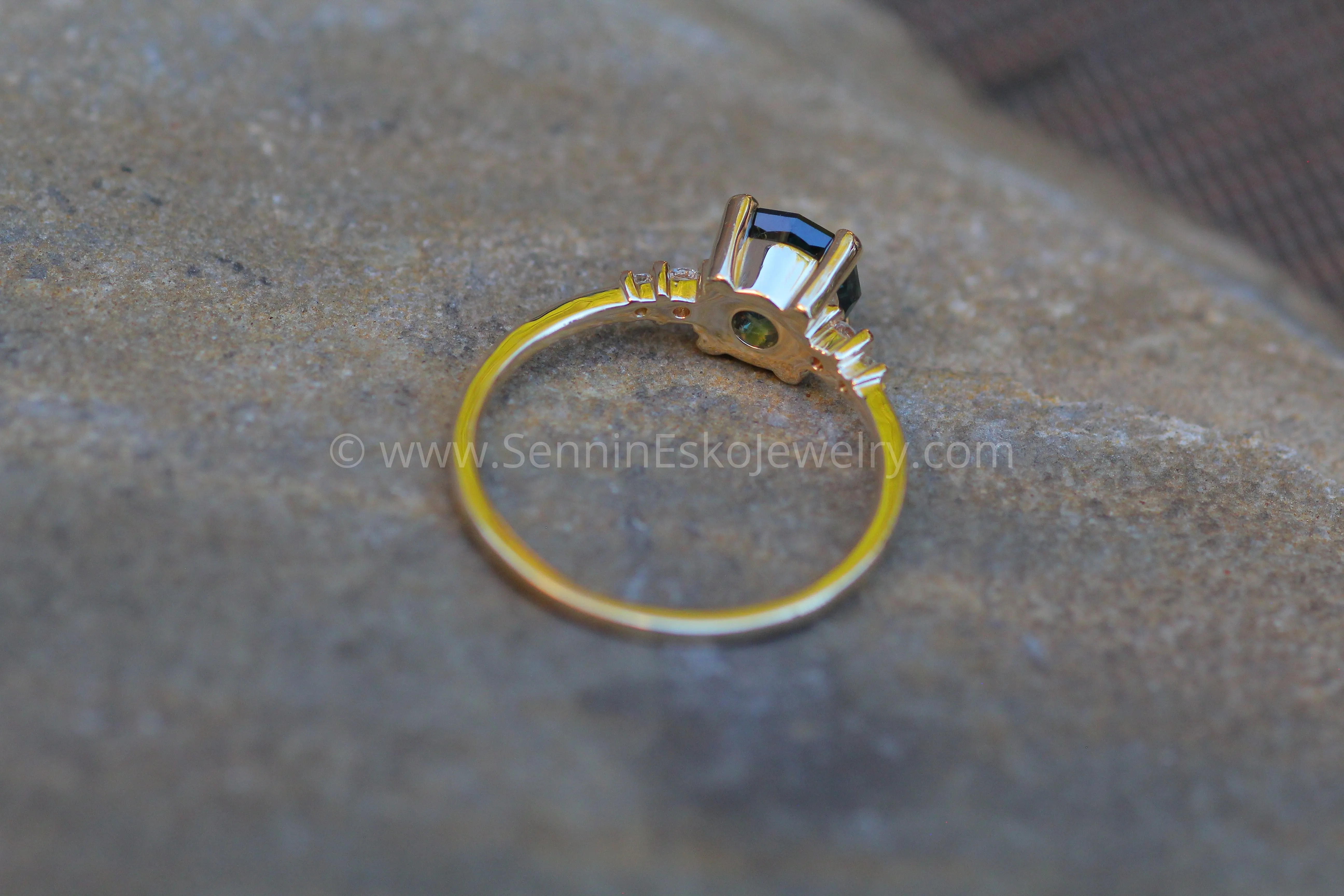 Five Stone Diamond Accented Multi Prong Setting - Depicted with a Teal Sapphire (Setting Only, Center Stone Sold Separately)