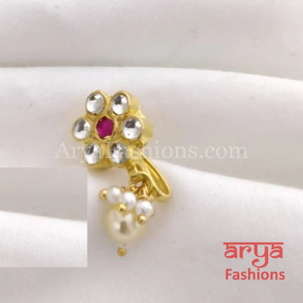 Flower Pacchi Kundan Nose Clip/ Kundan CZ non piercing nose ring/ Kundan Bridal Nosepin