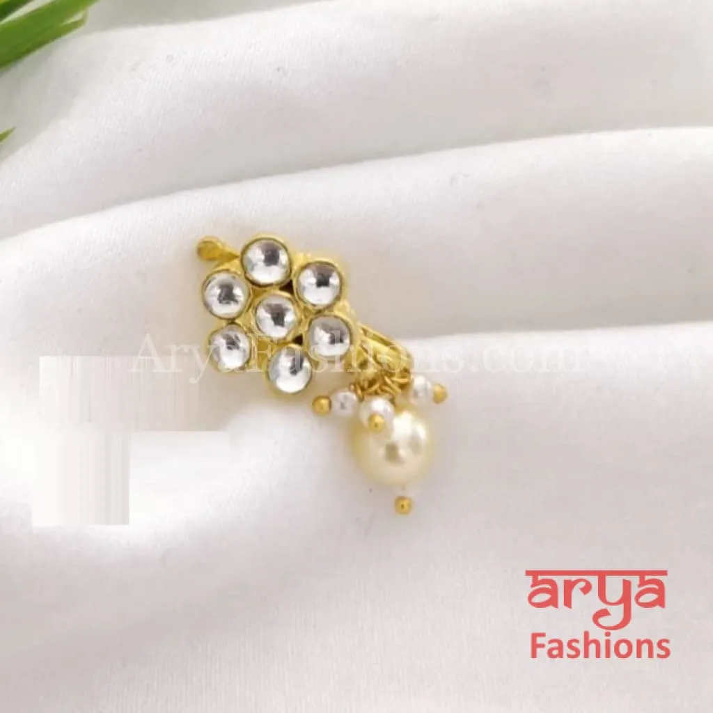 Flower Pacchi Kundan Nose Clip/ Kundan CZ non piercing nose ring/ Kundan Bridal Nosepin