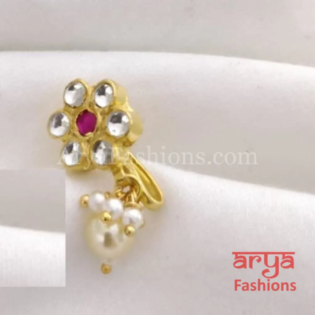 Flower Pacchi Kundan Nose Clip/ Kundan CZ non piercing nose ring/ Kundan Bridal Nosepin