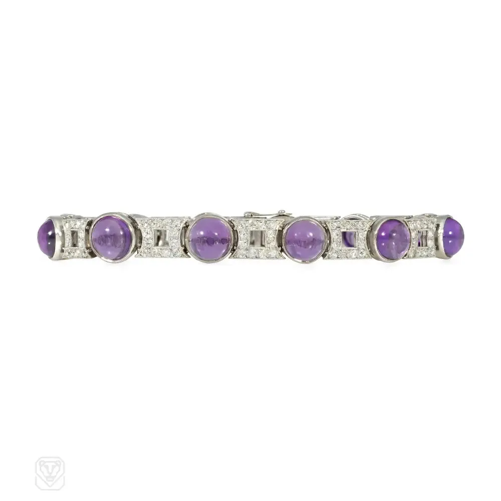 French Art Deco cabochon amethyst and diamond bracelet