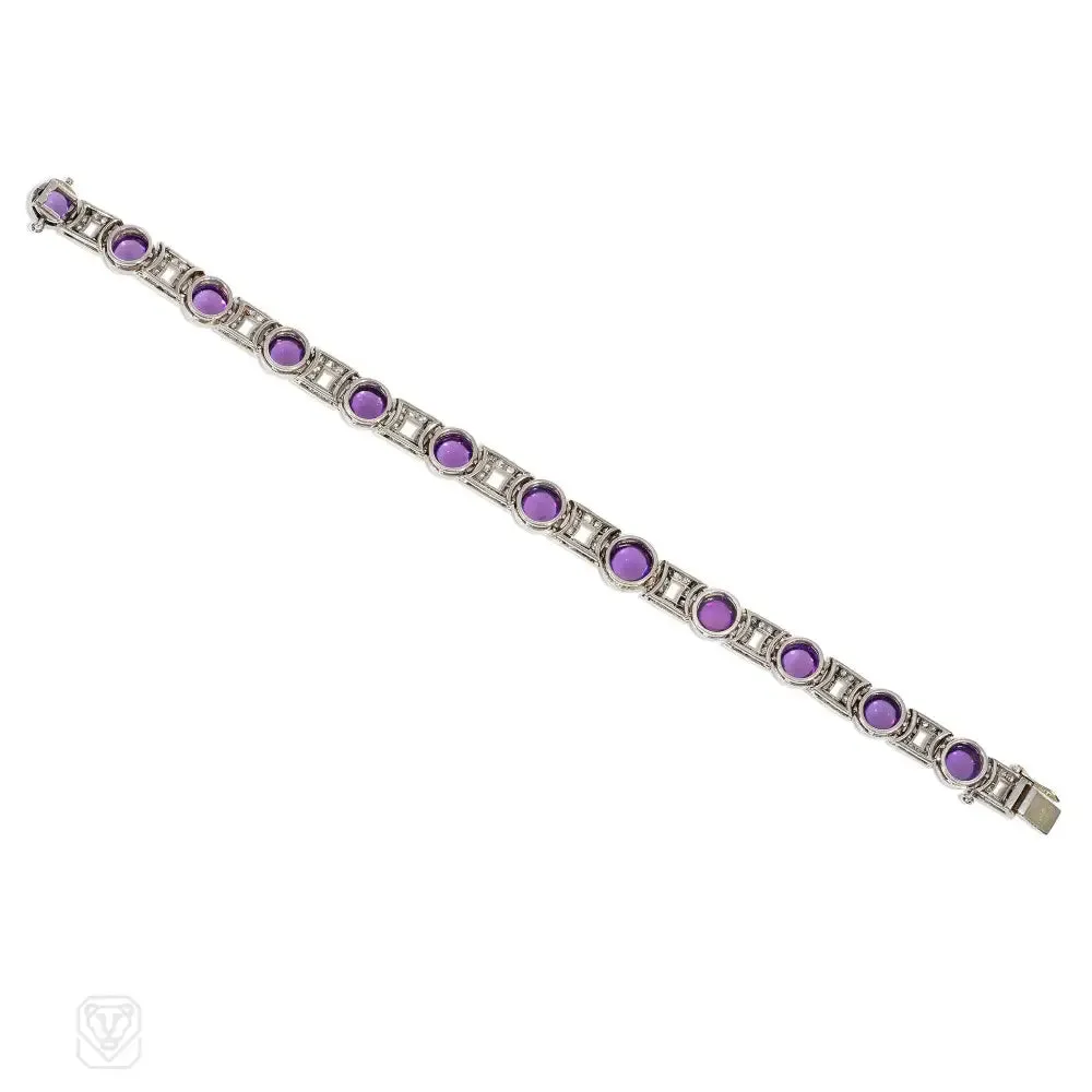 French Art Deco cabochon amethyst and diamond bracelet