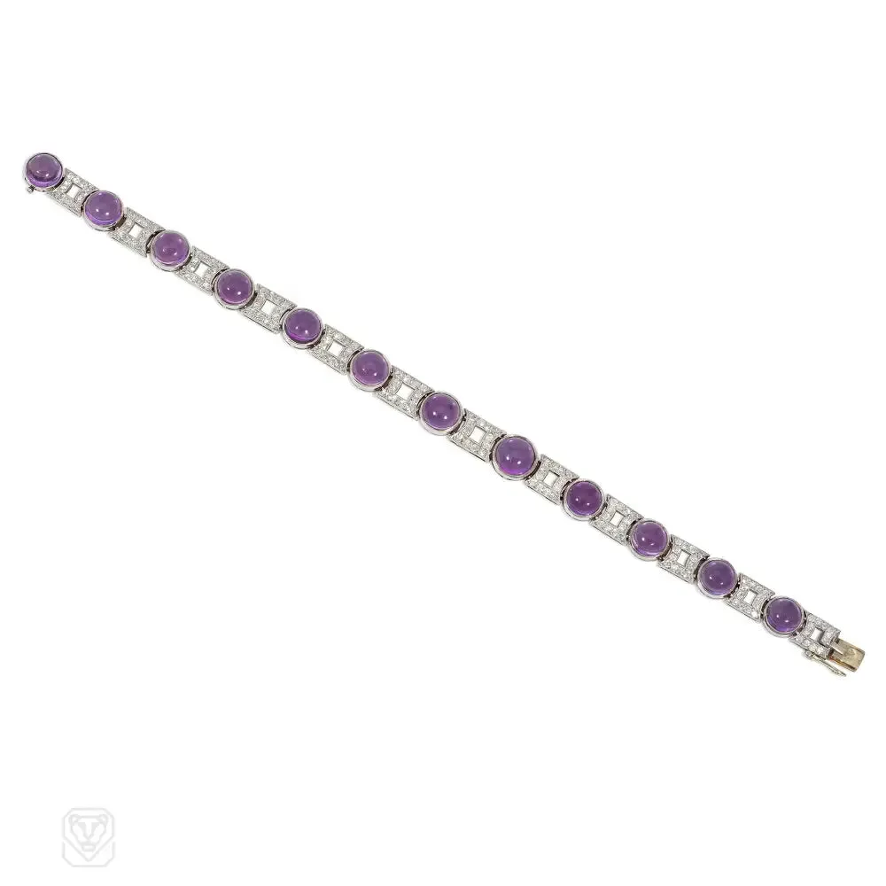 French Art Deco cabochon amethyst and diamond bracelet