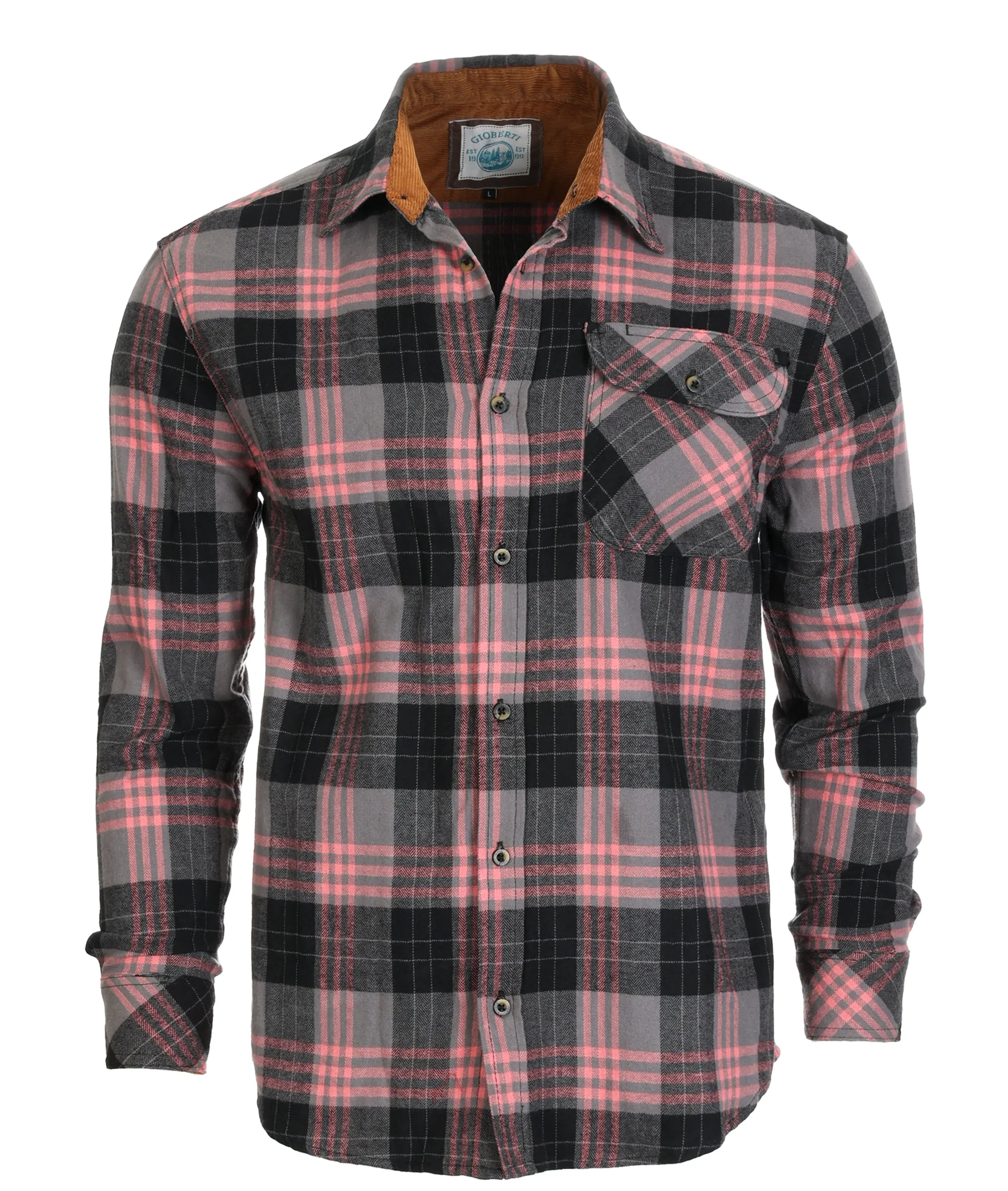 Gioberti Men's Black / Gray / Coral 100% Cotton Brushed Flannel Plaid Checkered Shirt with Corduroy Contrast