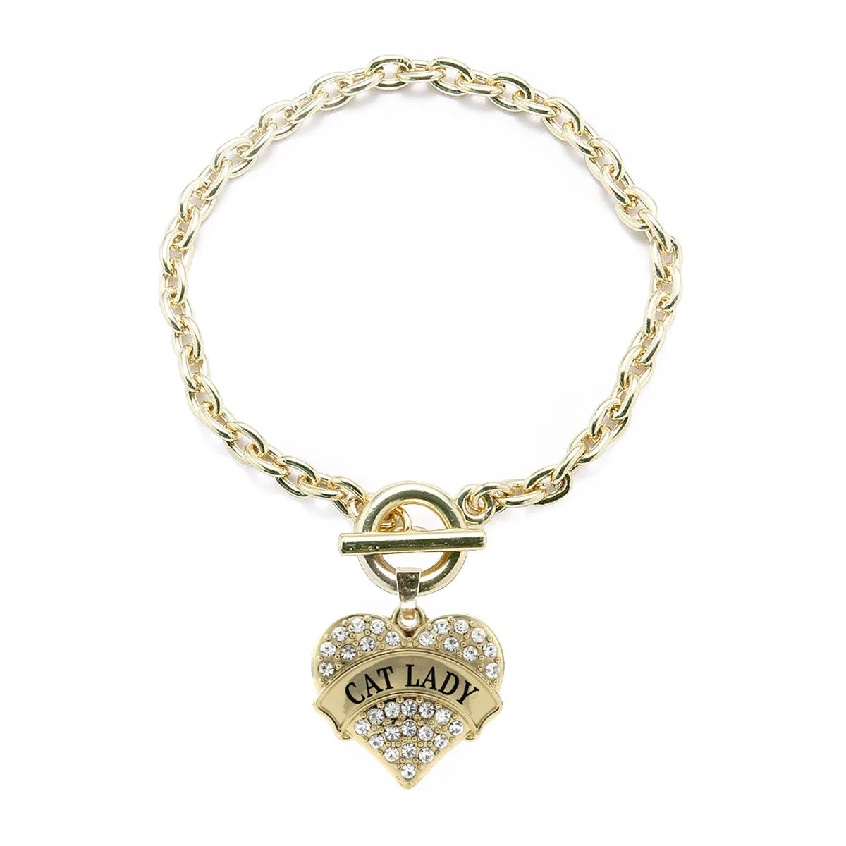 Gold Cat Lady Pave Heart Charm Toggle Bracelet