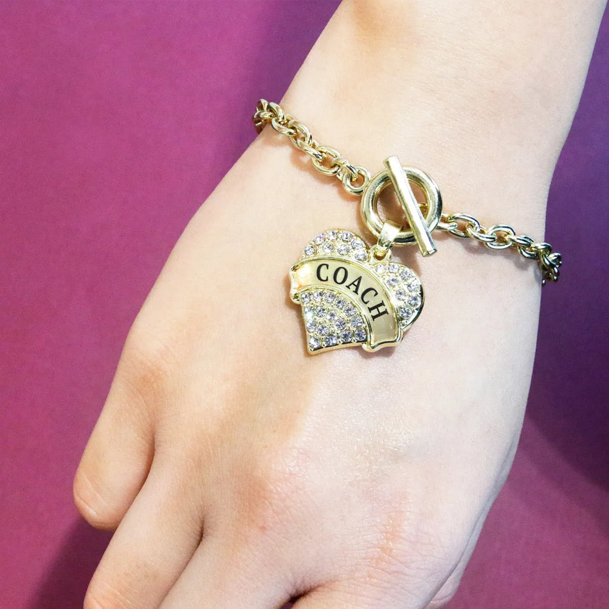 Gold Coach Pave Heart Charm Toggle Bracelet