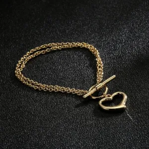 Gold Filled Bonded Double Bracelet Heart Charm T-Bar 7 Inch