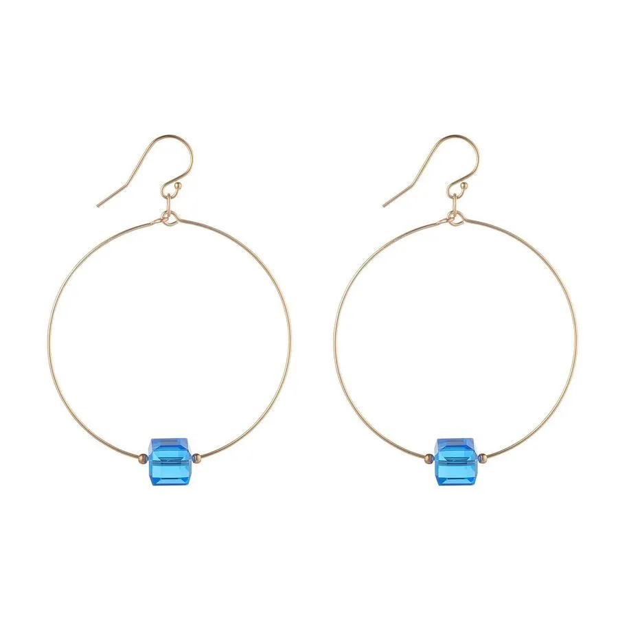 Gold Filled Royal Blue Crystal Cube Hoop Earrings