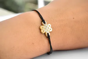 Gold Infinity bracelet for women, endless celtic knot bracelet, black string