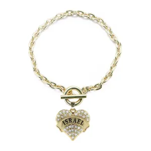 Gold Israel Pave Heart Charm Toggle Bracelet