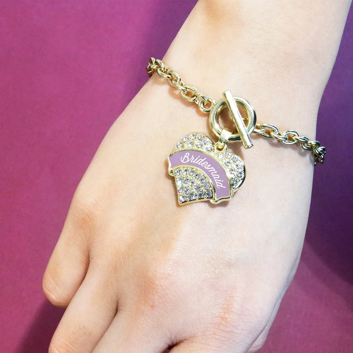 Gold Lavender Bridesmaid Pave Heart Charm Toggle Bracelet