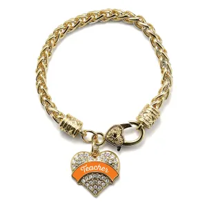 Gold Orange Teacher Pave Heart Charm Braided Bracelet