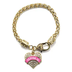 Gold Pink Senior 2016 Pave Heart Charm Braided Bracelet