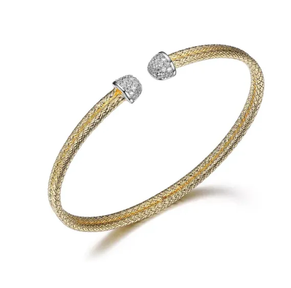 Gold Plated Mesh Flex Cuff Bracelet with Pave End Caps (SI5321)