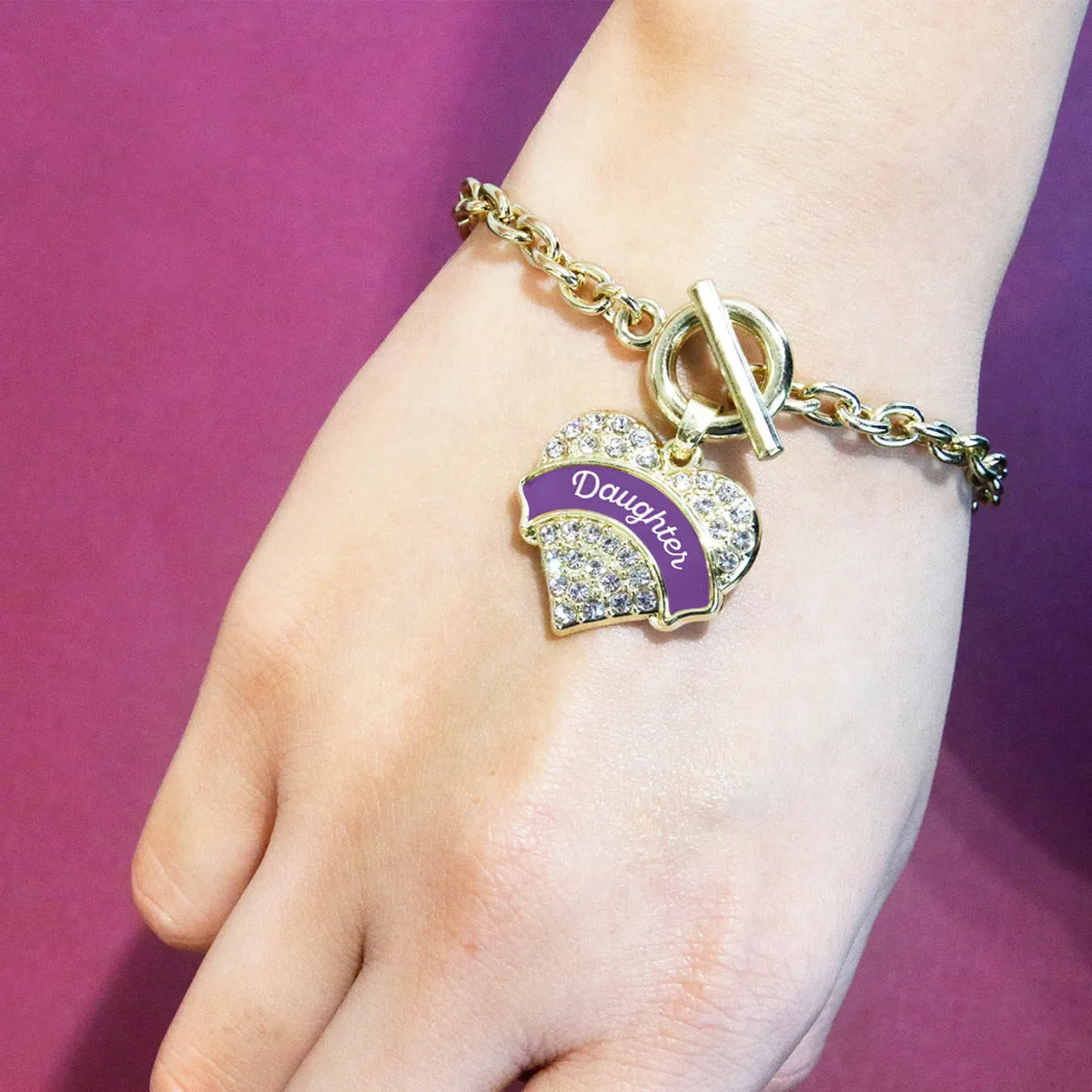 Gold Purple Daughter Pave Heart Charm Toggle Bracelet