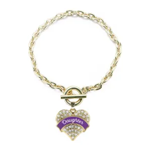 Gold Purple Daughter Pave Heart Charm Toggle Bracelet