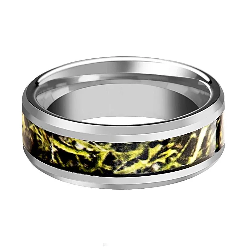 Green Marsh Camoflage inlaid Men's Tungsten Wedding Band with Bevels - 8MM