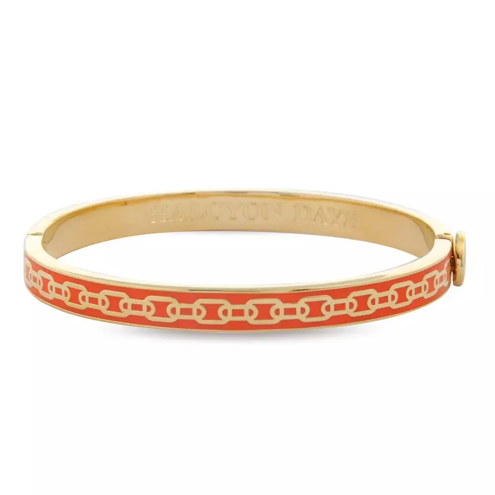 HALCYON DAYS 18K YELLOW GOLD PLATED 6MM SKINNY CHAIN ORANGE ENAMEL BANGLE BRACELET