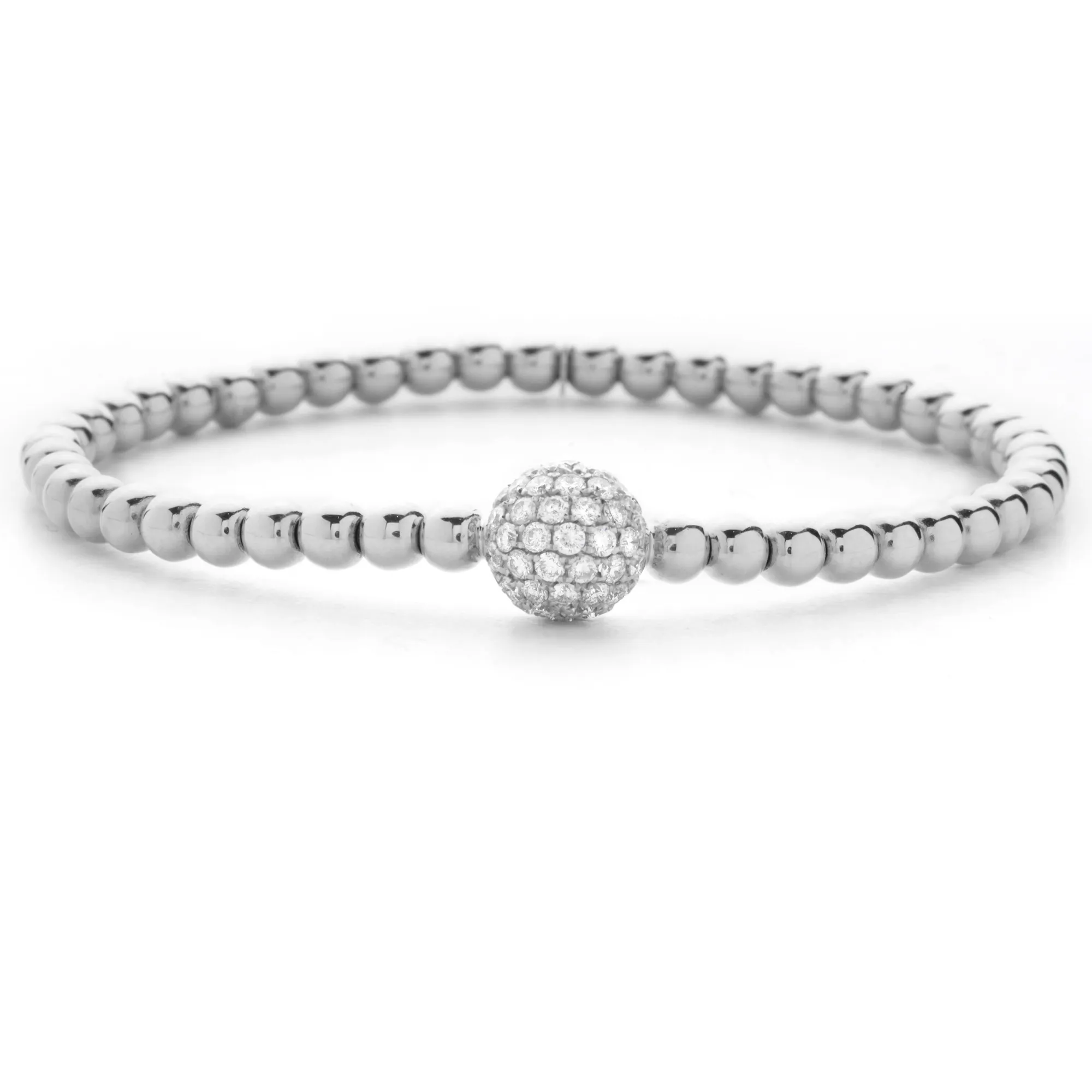 Hulchi Belluni 18K White Gold Stretch Stackable Bracelet with Large Pave Diamond Ball Station