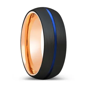 JAVA | Rose Gold Ring, Black Tungsten Ring, Blue Groove, Domed