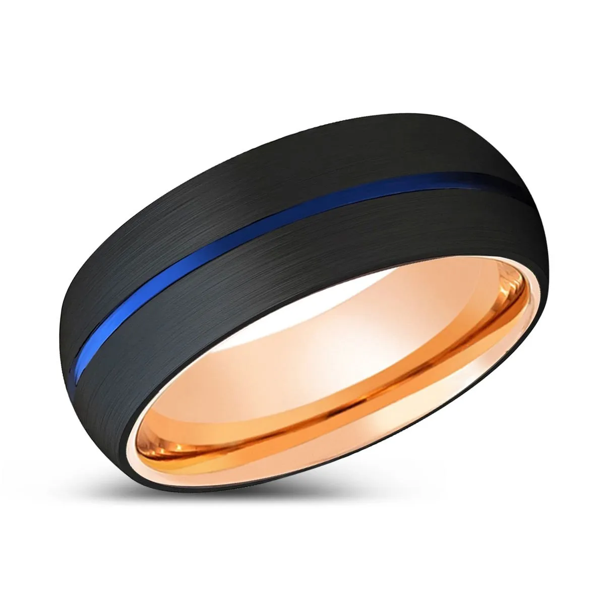 JAVA | Rose Gold Ring, Black Tungsten Ring, Blue Groove, Domed