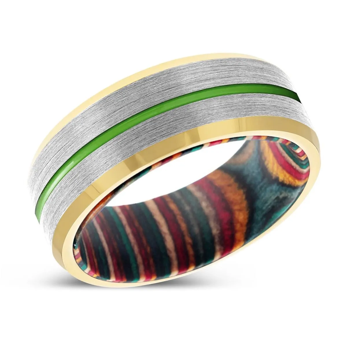 KAZAM | Multi Color Box Wood, Silver Tungsten Ring, Green Groove, Gold Beveled Edge