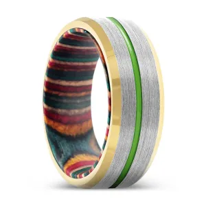 KAZAM | Multi Color Box Wood, Silver Tungsten Ring, Green Groove, Gold Beveled Edge