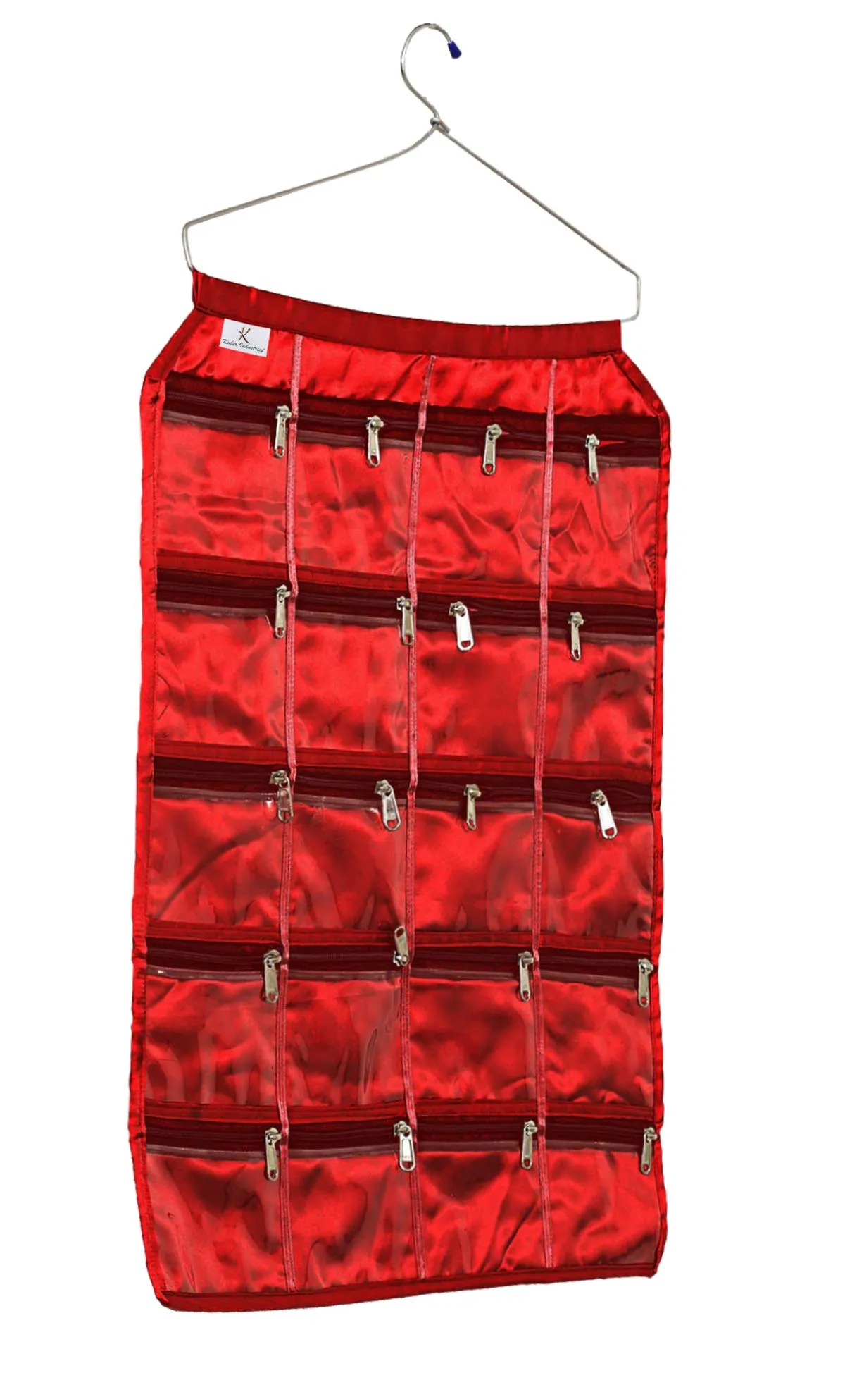 Kuber Industries Hanging Jewellery Organizer with 20 Zipper Pockets,Women Girl Storage Bag for Earrings Necklace Bracelet Ring Accessory with Hanger(Maroon)