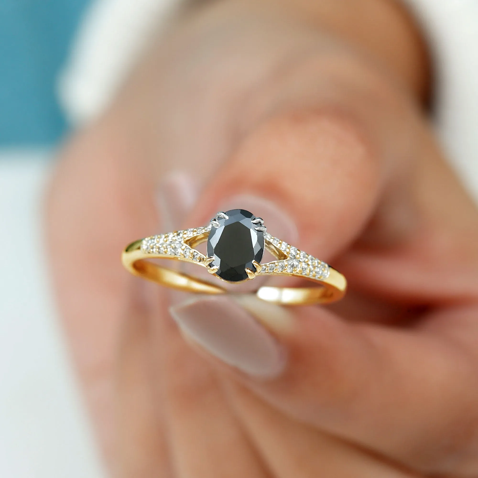 Lab Created Black Diamond Solitaire Engagement Ring with Diamond