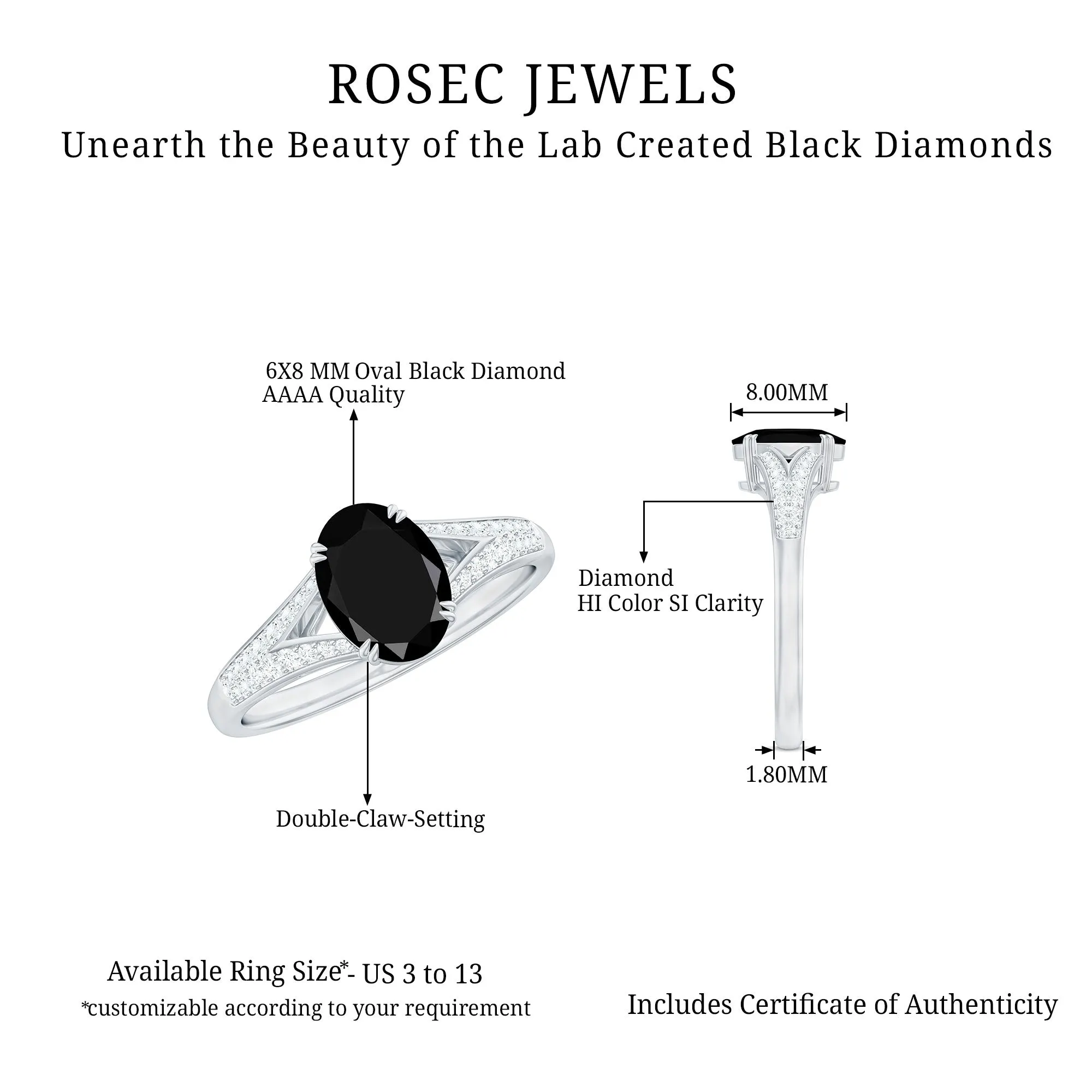 Lab Created Black Diamond Solitaire Engagement Ring with Diamond