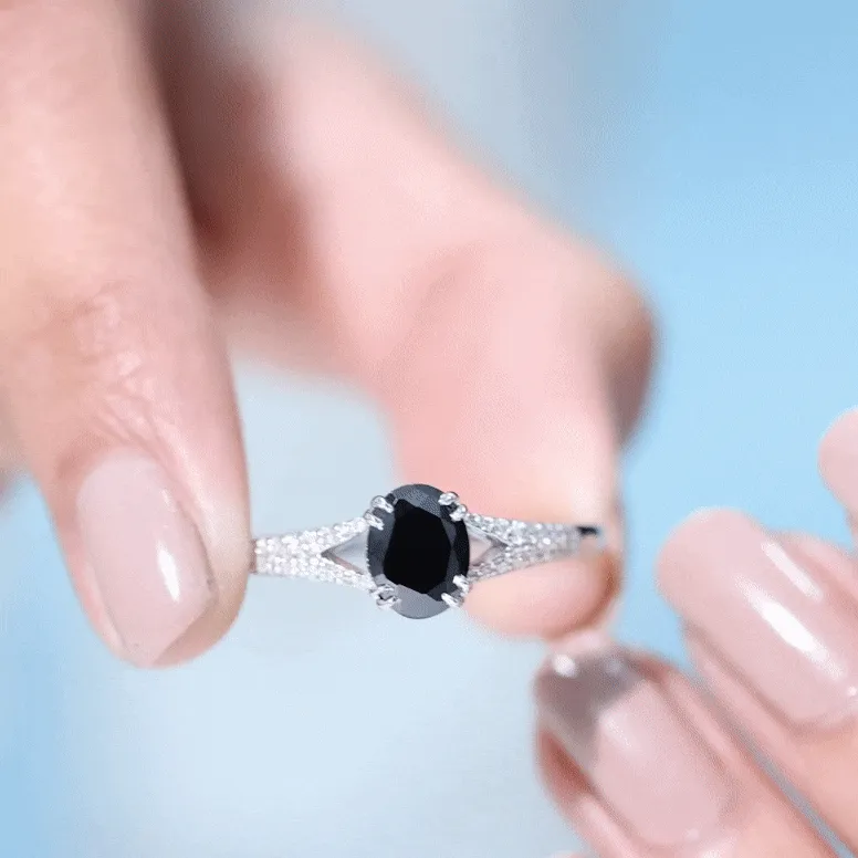 Lab Created Black Diamond Solitaire Engagement Ring with Diamond