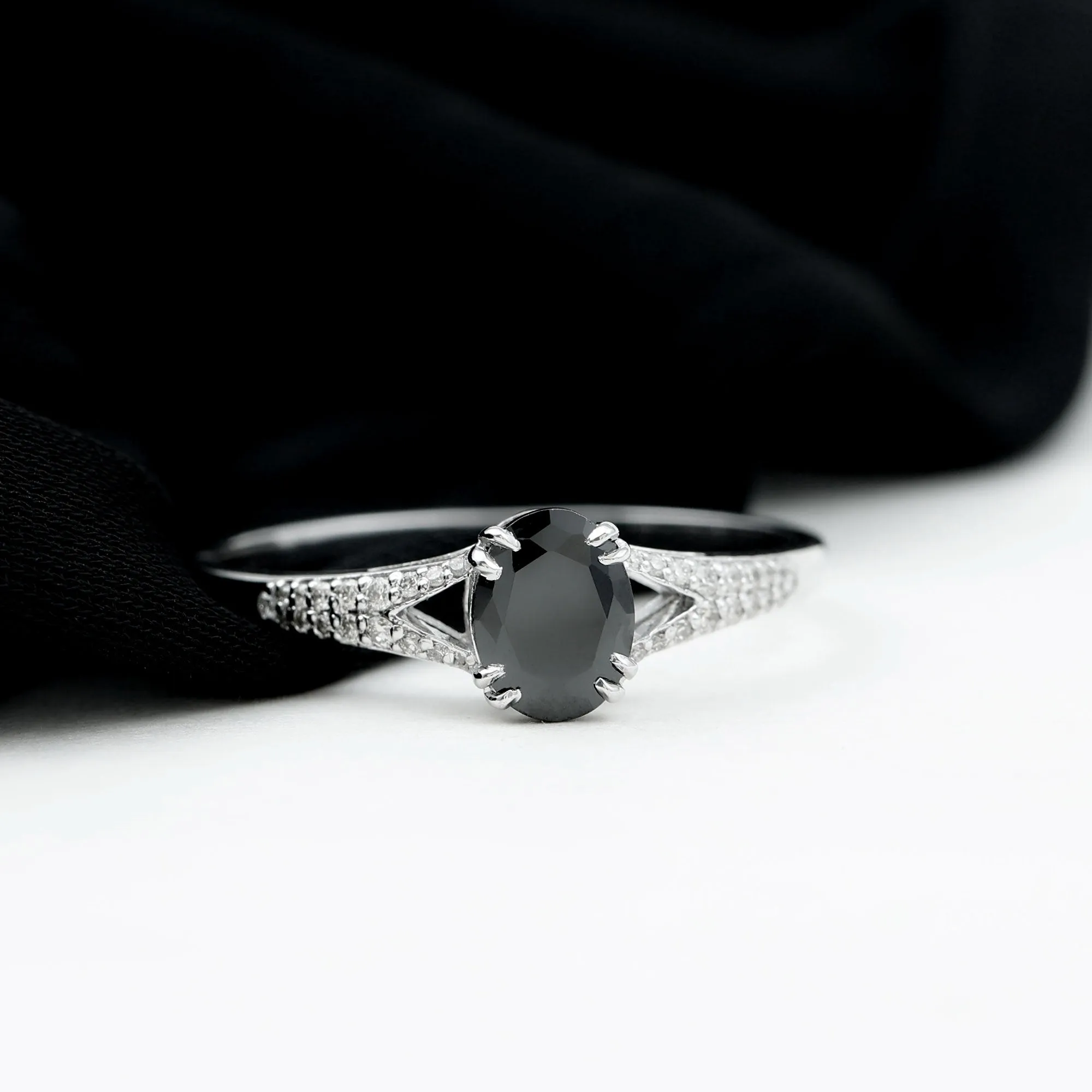 Lab Created Black Diamond Solitaire Engagement Ring with Diamond