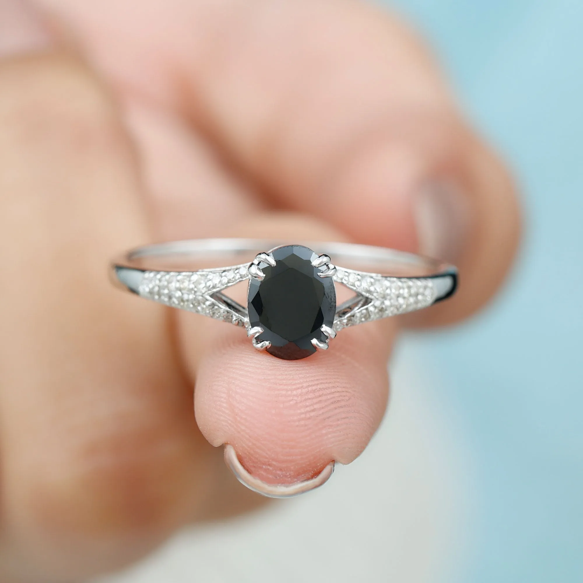 Lab Created Black Diamond Solitaire Engagement Ring with Diamond