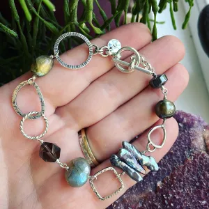 Labradorite, Smoky Quartz, Pearl, Hematite and Sterling Silver Bracelet