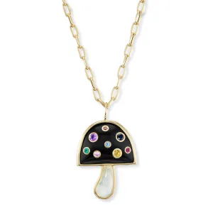 Large Magic Mushroom Pendant with Black Onyx & Rainbow Moonstone and Multi-Sapphires